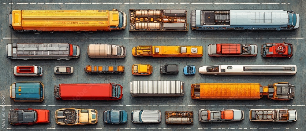 Aerial view of various trucks and vehicles arranged on a busy roadway. Aerial view of various trucks and vehicles arranged on a busy roadway.