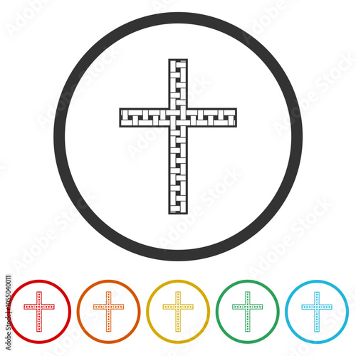 Cross logo, Christianity symbol icon. Set icons in color circle buttons