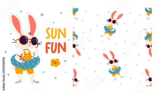 Collection of vector prints for printing on children's products. Cute bunny in inflatable circle, sunglasses and swimsuit. Seamless vector pattern, lettering . Vector illustration