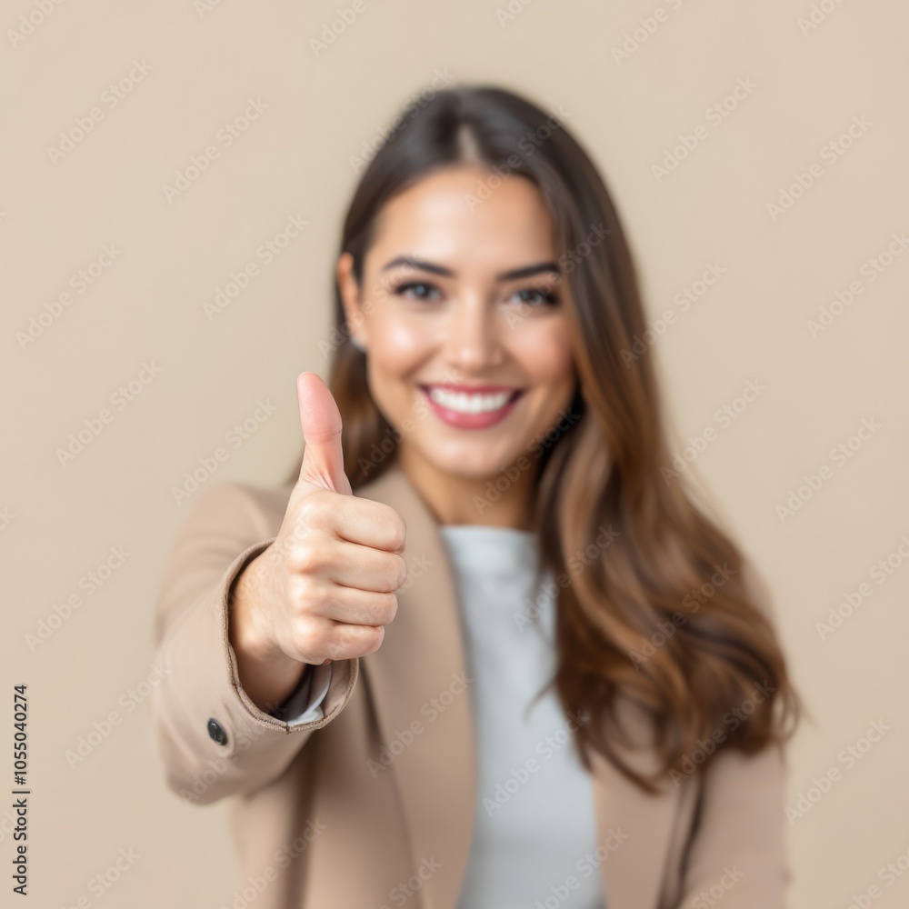 Attractive young woman , brunette, with a beaming smile, giving a thumb up gesture of approval and success Attractive young woman , brunette, with a beaming smile, giving a thumb up gesture of approval and success