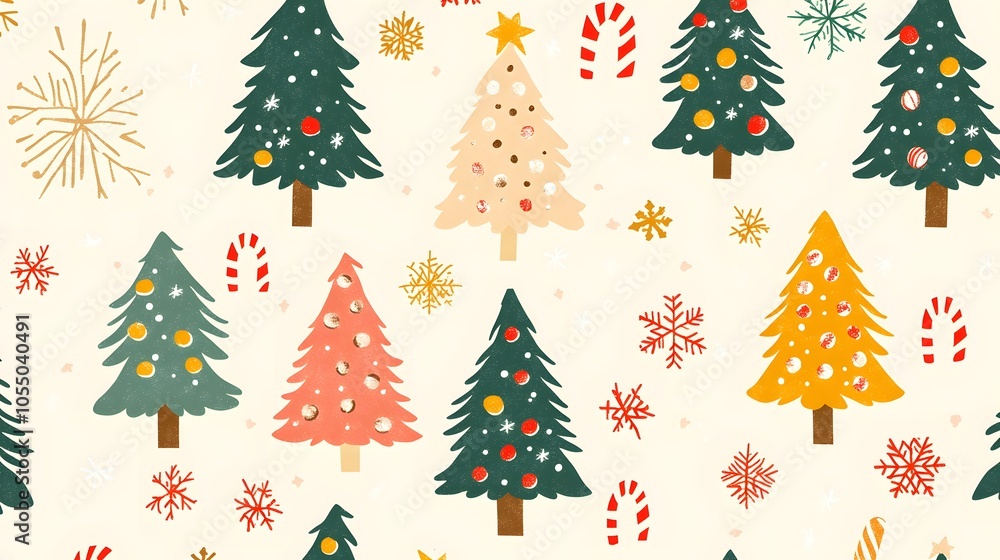 A pattern of cute cartoon Christmas trees snowflakes and candy canes with bright festive colors