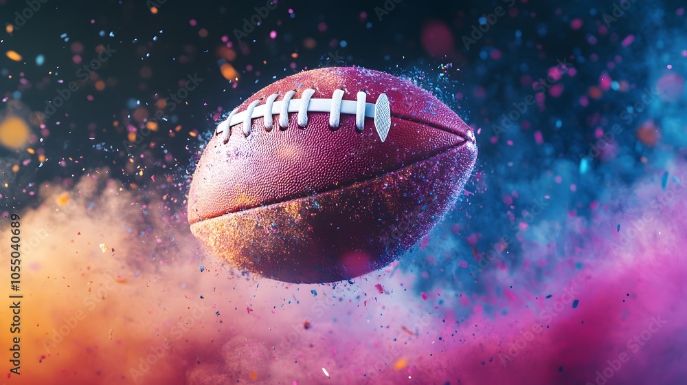 The ball is speeding of american football with colorful dust effect The ball is speeding of american football with colorful dust effect