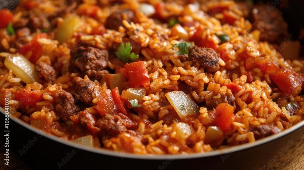 African jollof rice with spicy tomatoes, onions, and meat. African jollof rice with spicy tomatoes, onions, and meat.