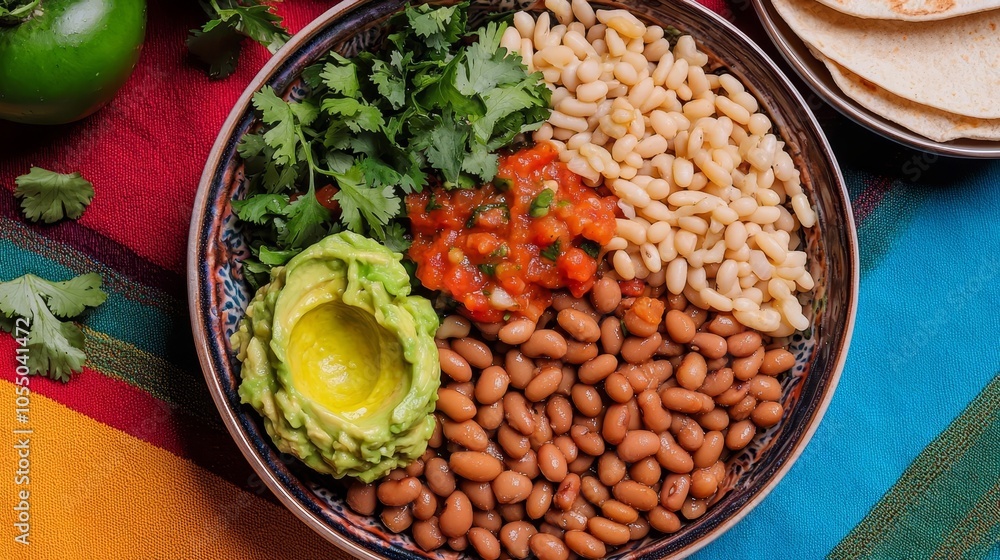 Topdown view of a burrito bowl with spicy beans, guacamole, and fresh salsa, placed in a vibrant, colorful setting, Burrito Beans Spicy, healthy Mexican cuisine concept Topdown view of a burrito bowl with spicy beans, guacamole, and fresh salsa, placed in a vibrant, colorful setting, Burrito Beans Spicy, healthy Mexican cuisine concept