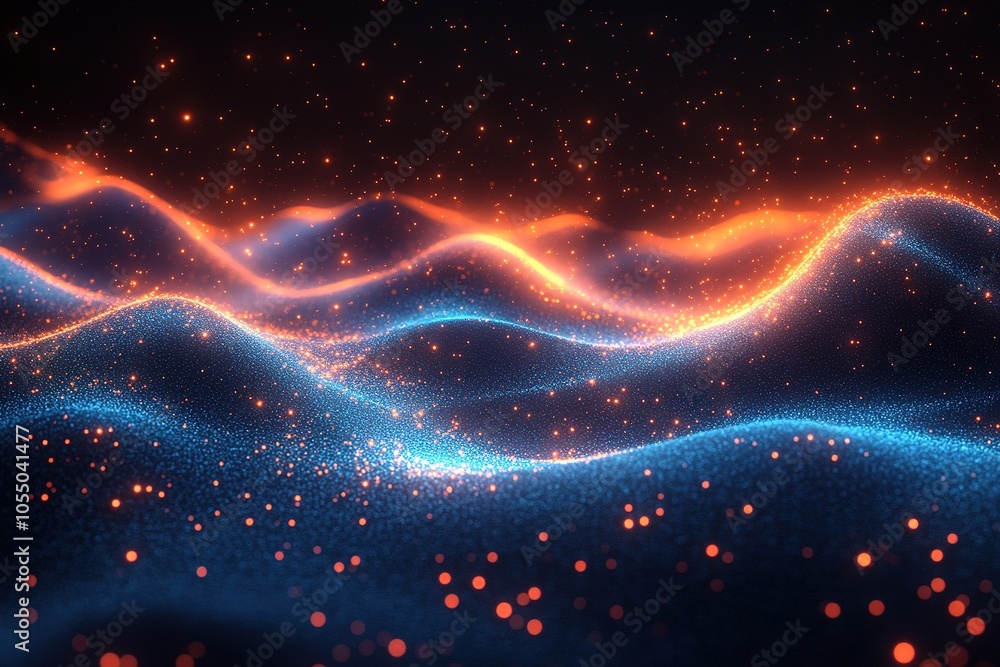 Abstract glowing blue and orange waves with particle effects. Abstract glowing blue and orange waves with particle effects.