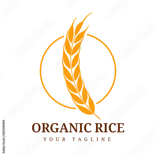 Minimalist design logo, featuring an orange rice symbol in a circle. Suitable for branding healthy food products, agricultural businesses, or packaging agricultural products.