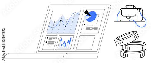 Laptop displaying financial charts next to a briefcase and stacked coins. Ideal for financial planning, investment strategy, business analysis, economic forecasting, wealth management, consulting