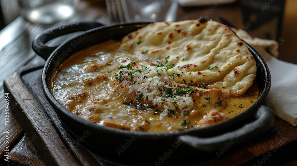 Authentic Indian butter chicken with naan bread, in a rich, creamy sauce. Authentic Indian butter chicken with naan bread, in a rich, creamy sauce.