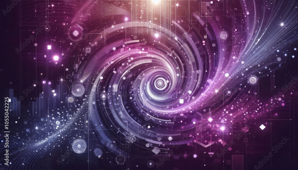 Obraz premium Galactic spiral with glowing purple and pink hues, filled with stars and digital elements