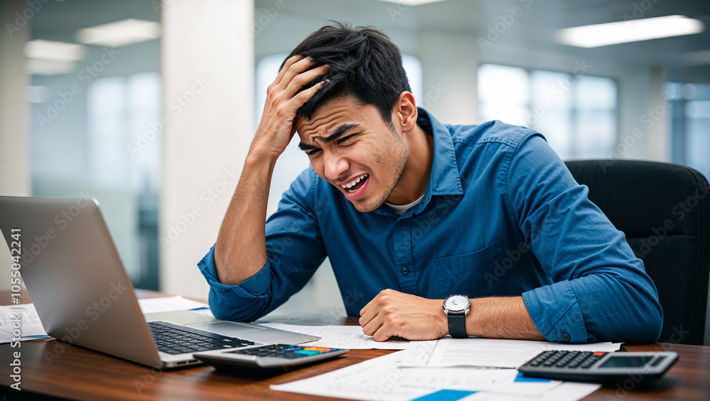 Stressed businessman facing the world of work. His expression was tired and stressed Stressed businessman facing the world of work. His expression was tired and stressed
