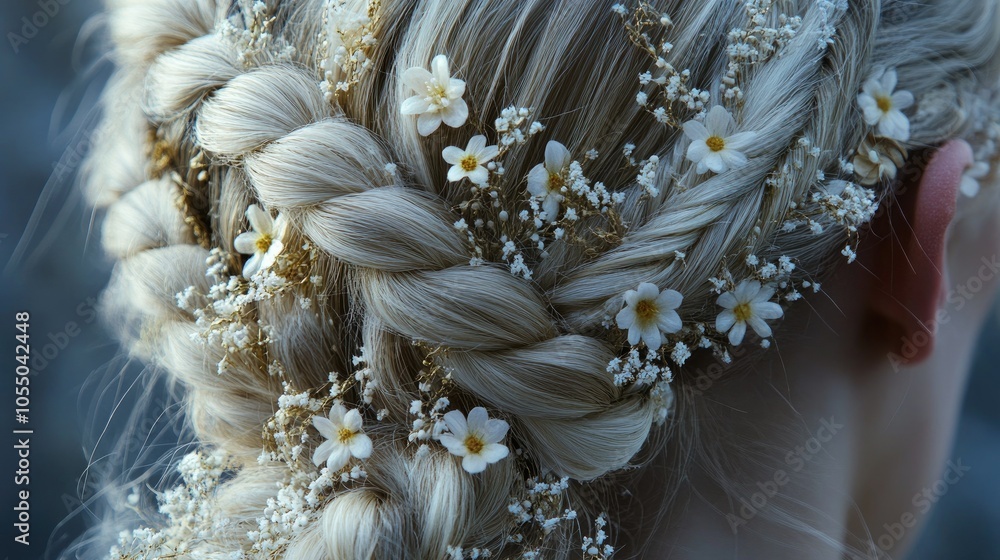 Beautifully styled braid with intricate detail and tiny floral accents. Beautifully styled braid with intricate detail and tiny floral accents.
