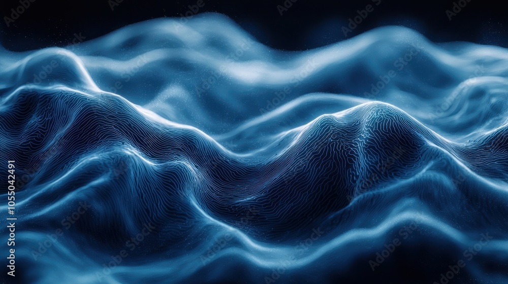 Obraz premium Abstract blue waves created by digital rendering showcasing intricate patterns and textures in a mesmerizing fluid form
