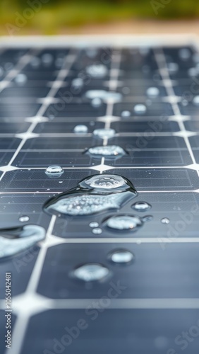 Solar panel, water droplets, close-up, reflective surface, photovoltaic cells, clean energy, eco-friendly technology, renewable power, industrial design, geometric patterns, environmental sustainabili photo