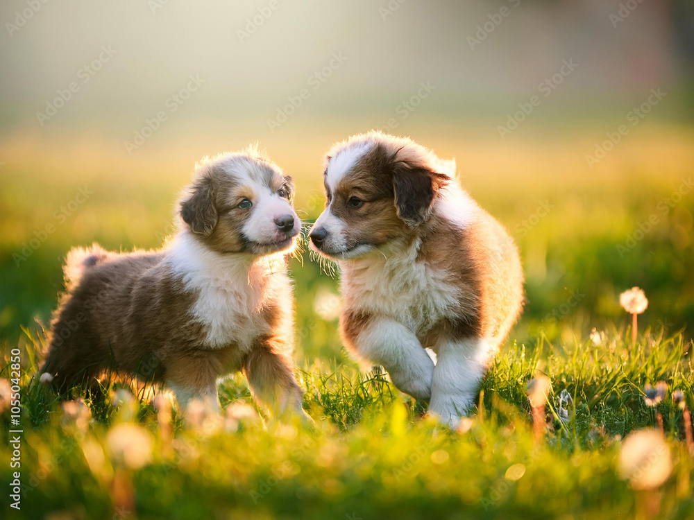 2 cute little brown and white puppies playing on green meadow in the evening sun 2 cute little brown and white puppies playing on green meadow in the evening sun