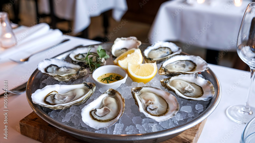 Plate of fresh oysters on ice garnished with lemon wedges, presented in a restaurant setting, perfect for seafood-themed culinary and dining imagery. Plate of fresh oysters on ice garnished with lemon wedges, presented in a restaurant setting, perfect for seafood-themed culinary and dining imagery.