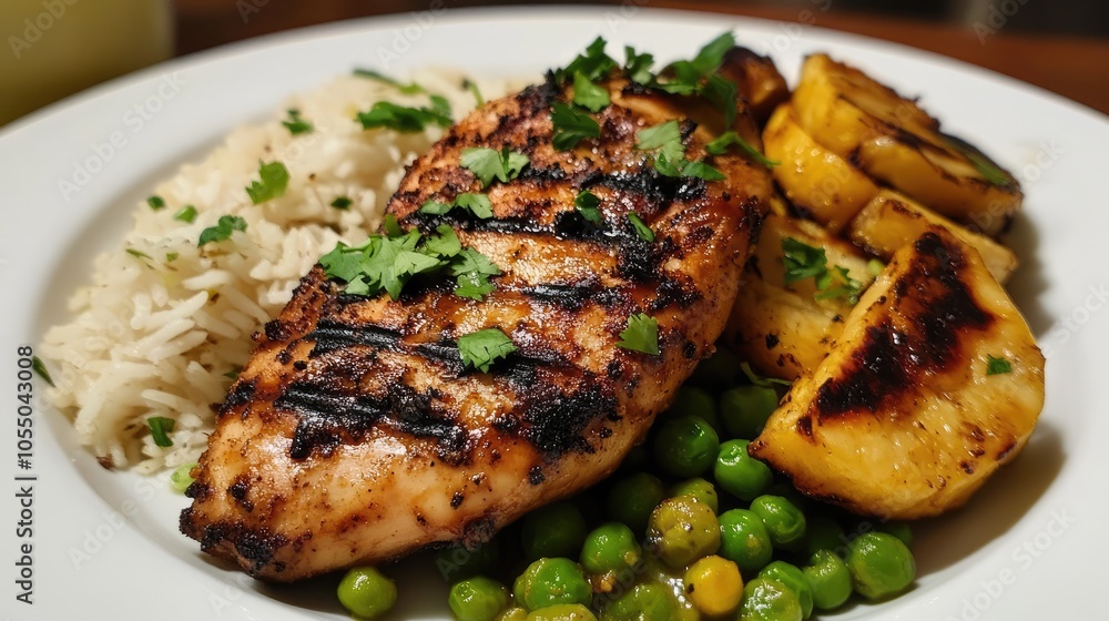 Caribbean jerk chicken with rice, peas, and grilled plantains. Caribbean jerk chicken with rice, peas, and grilled plantains.