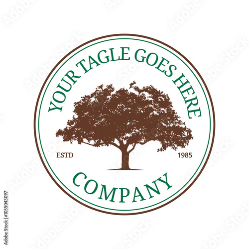 Nature Themed Logo with Oak Tree illustration drawn in vintage monochrome style. Suitable for nature conservation, organic products, or environmentally conscious companies.