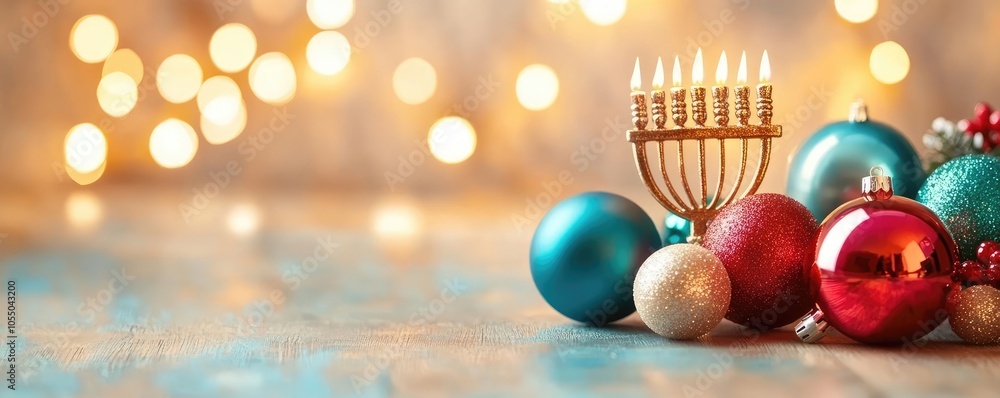 Close-up of menorah and Christmas baubles, bright and vibrant holiday decorations Close-up of menorah and Christmas baubles, bright and vibrant holiday decorations