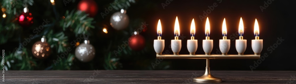 Glowing menorah in front of a decorated Christmas tree, bright and festive Glowing menorah in front of a decorated Christmas tree, bright and festive
