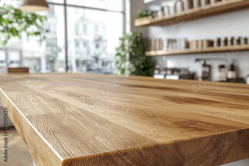 Empty, beautiful wooden tabletop counter in a clean and bright interior background, ready for the display of a product.