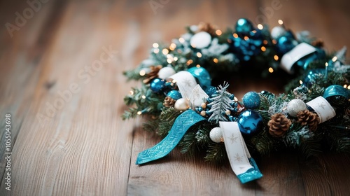 Blue and white Hanukkah ribbons adorning a Christmas wreath, holiday combination