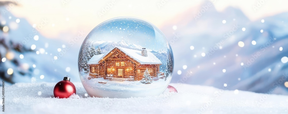 Snow globe with cozy mountain lodge, snow falling, white isolated background, watercolor style Snow globe with cozy mountain lodge, snow falling, white isolated background, watercolor style