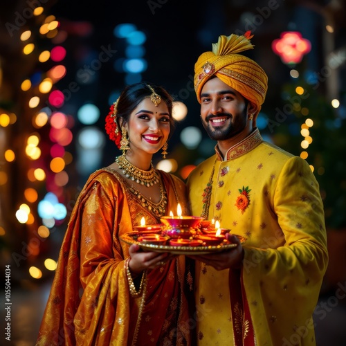 ndian couple making flower Rangoli on Diwali or Onam Festival, taking selfie or holding sweets photo