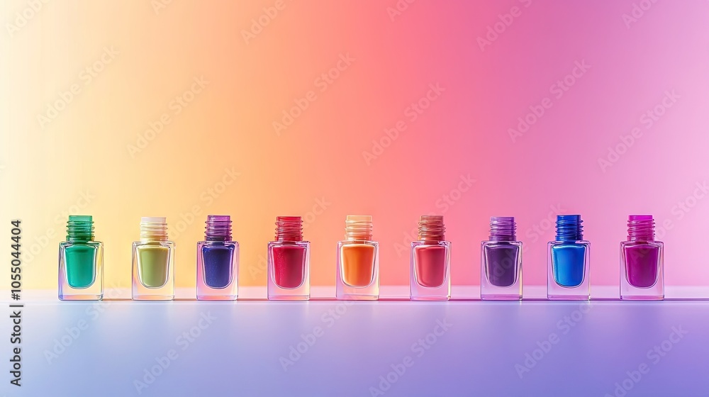 Colorful nail polish bottles lined up in a rainbow gradient. Colorful nail polish bottles lined up in a rainbow gradient.