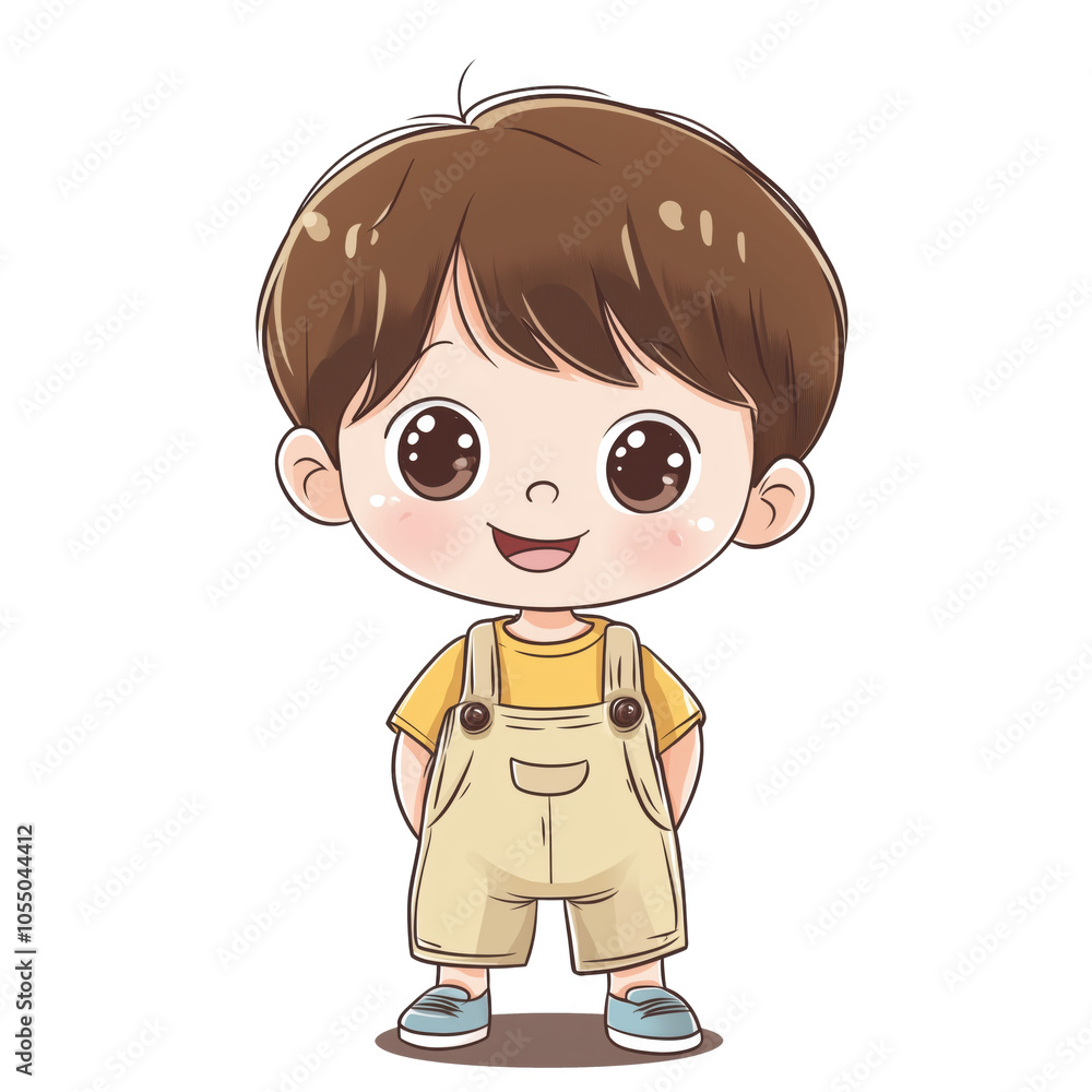 Cute cartoon boy with brown hair, wearing yellow shirt and overalls, smiling, isolated on transparent background, png Cute cartoon boy with brown hair, wearing yellow shirt and overalls, smiling, isolated on transparent background, png
