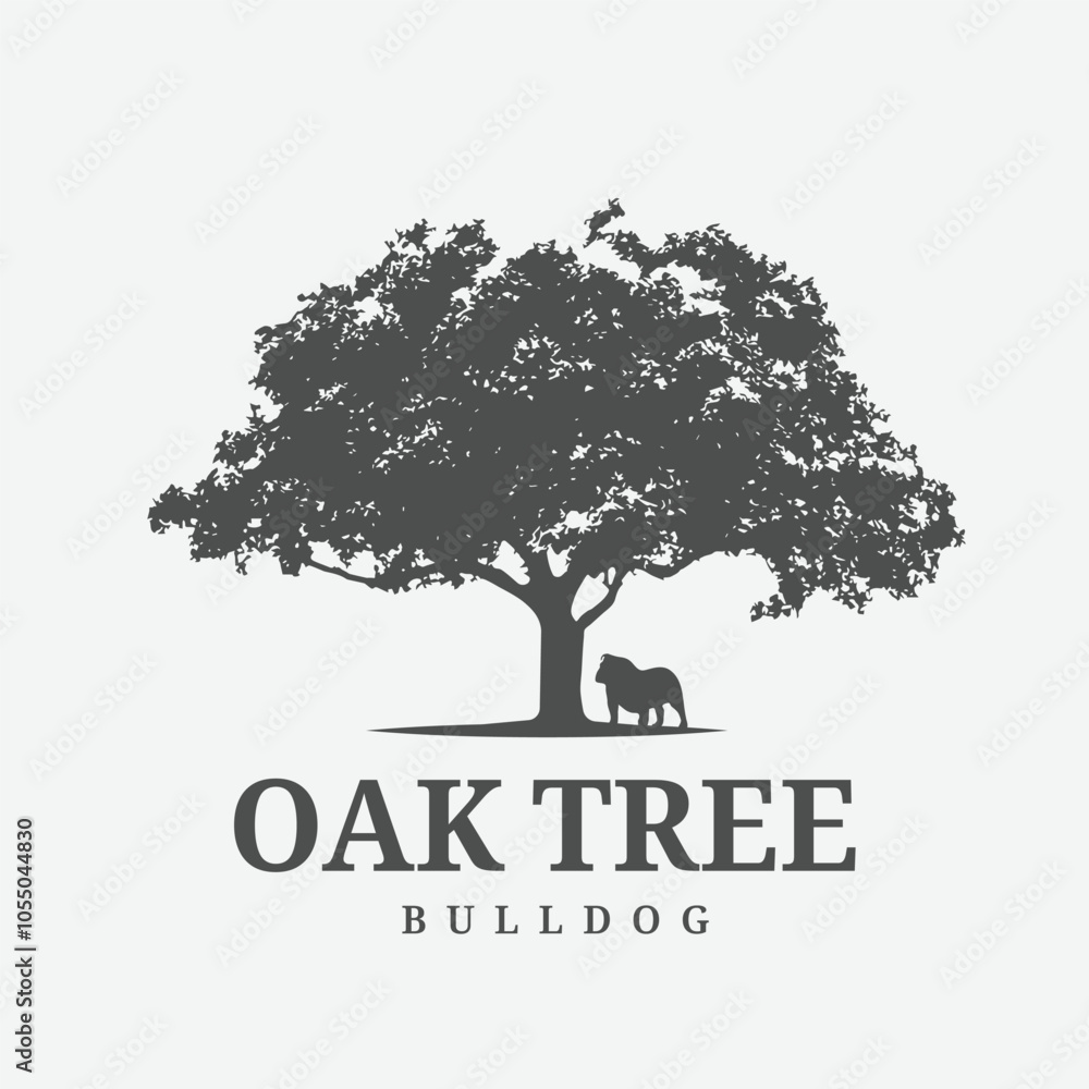 Obraz premium Vintage Logo with a large Oak Tree Silhouette and a Bulldog Dog standing under it. Suitable for nature conservation, ranching