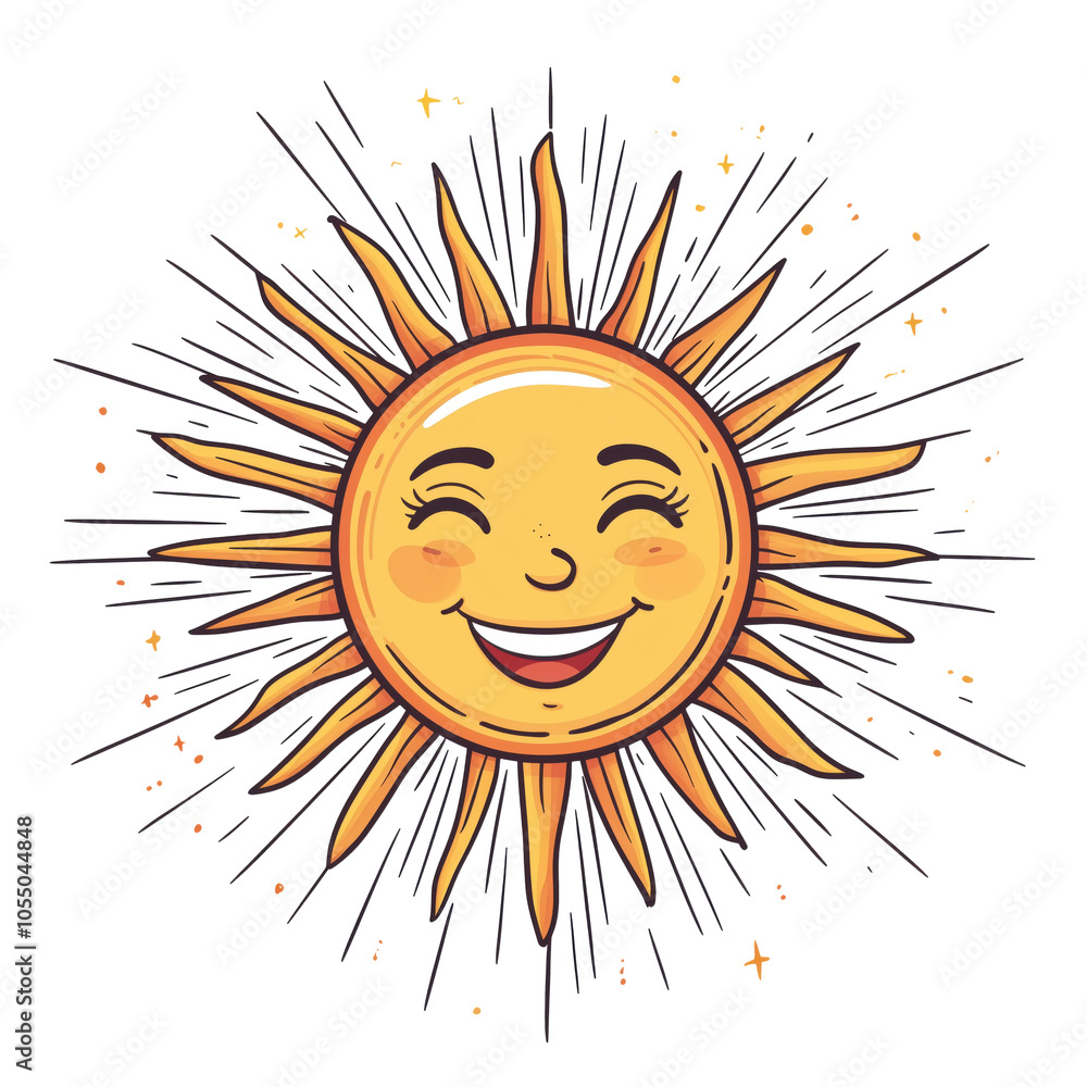 Smiling sun illustration with rays and sparkles, cheerful expression, bright colors, isolated on transparent background, png Smiling sun illustration with rays and sparkles, cheerful expression, bright colors, isolated on transparent background, png