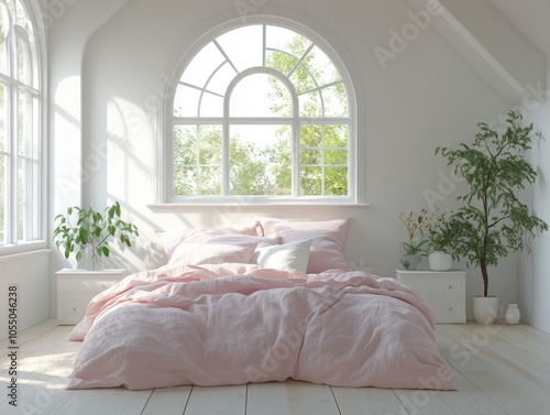 White bed with pink linens, large windows for natural light, and wooden flooring