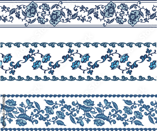 Vector seamless floral ethnic frieze series. Wedding backgrounds, page decorations, fabric, carpet and scarf patterns. Floral ornamental motifs in Eastern style.