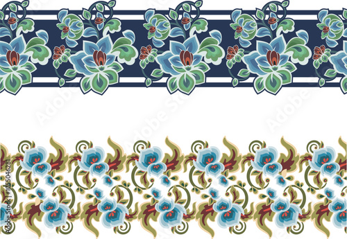 Vector seamless floral ethnic frieze series. Wedding backgrounds, page decorations, fabric, carpet and scarf patterns. Floral ornamental motifs in Eastern style.