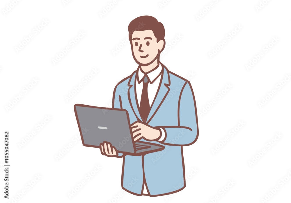 Young businessman holding a laptop. Hand drawn style vector design illustrations. Young businessman holding a laptop. Hand drawn style vector design illustrations.