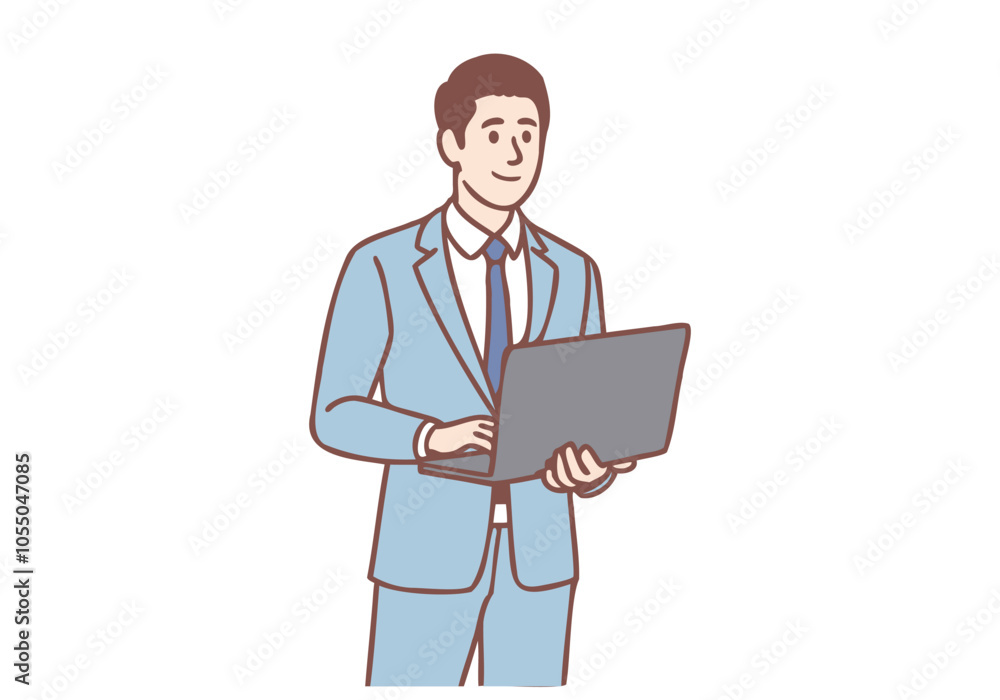 Young businessman holding a laptop. Hand drawn style vector design illustrations. Young businessman holding a laptop. Hand drawn style vector design illustrations.