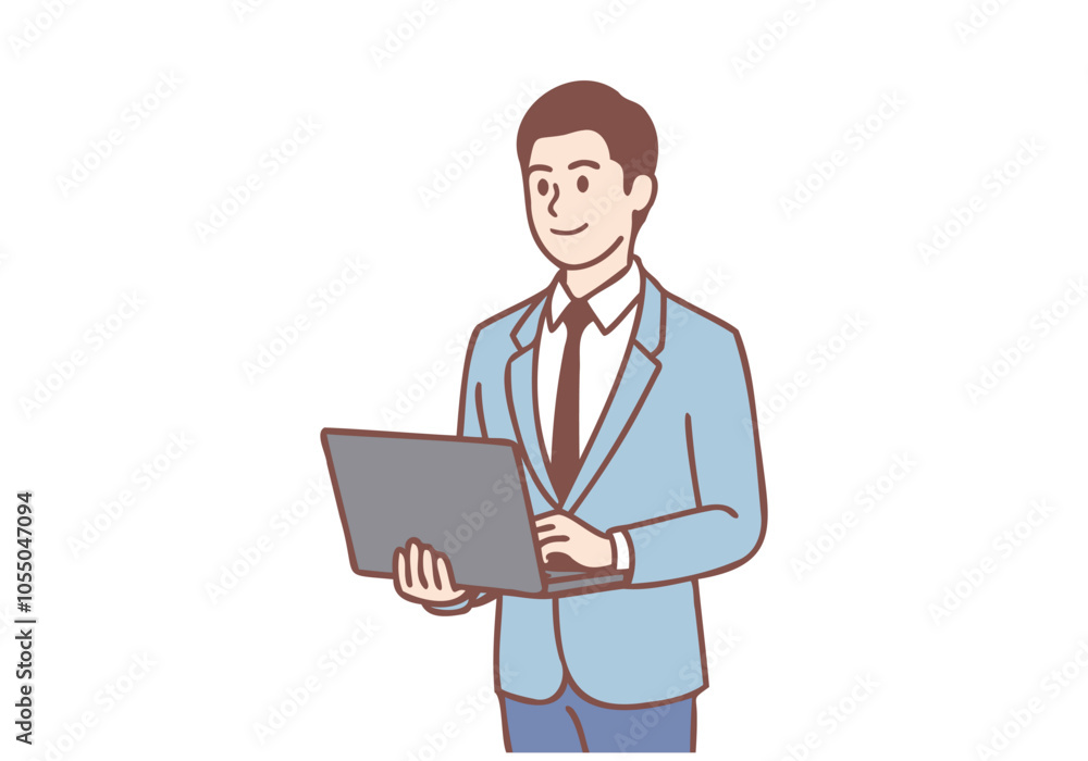 Young businessman holding a laptop. Hand drawn style vector design illustrations. Young businessman holding a laptop. Hand drawn style vector design illustrations.