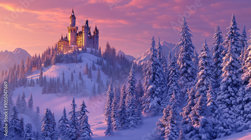 Fairytale winter landscape with a castle on a hill, surrounded by fluffy snow-covered trees, light snow falls, pinkish-purple sunset gives a magical tint, romantic atmosphere