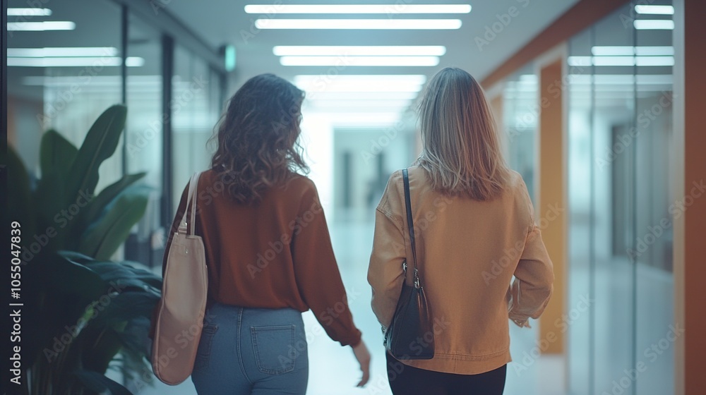 Obraz premium Two Women Walking in Modern Office Environment