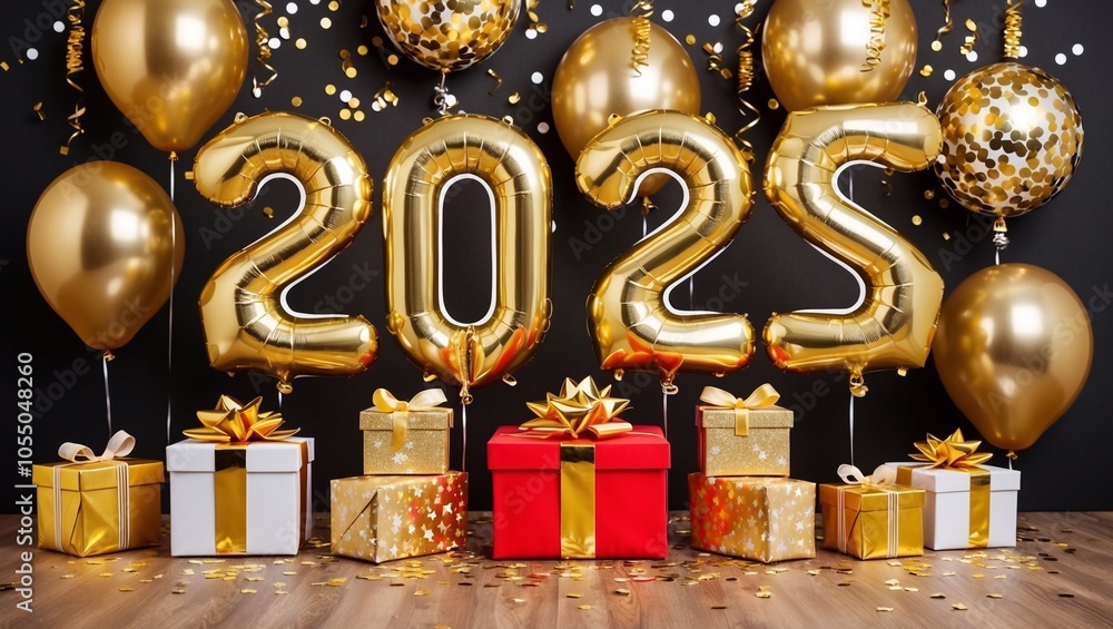 Fototapeta premium 2025 Happy New Year on purple background with glitter