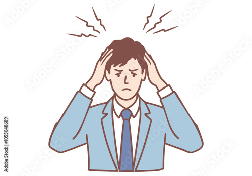 A young businessman is stressed, his hands on his head. Hand drawn style vector design illustrations.
