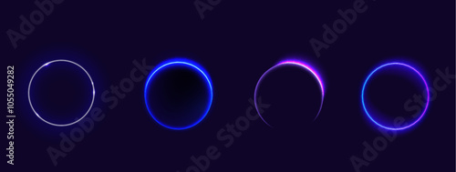 Solar eclipse circles showing moon covering sun on dark background. Glowing purple neon rings with bright luminous effects capture celestial phenomenon. Radiant circular shapes of astronomical event.