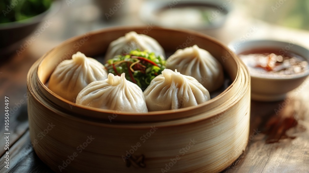 Dumplings in Traditional Bamboo Steamer with Sauces Dumplings in Traditional Bamboo Steamer with Sauces