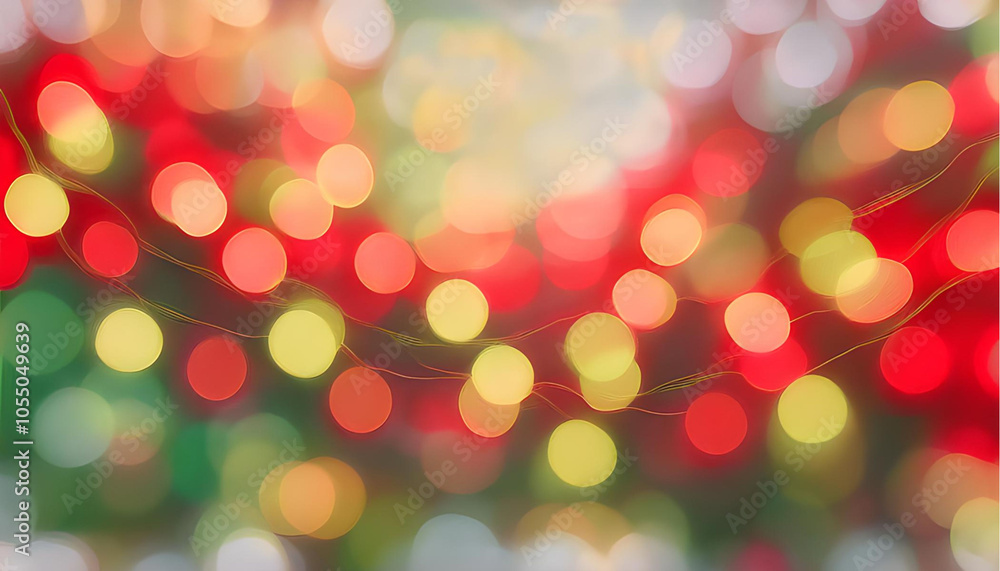 Fototapeta premium Christmas lights bokeh, watercolor background, warm reds, greens, and golden glow, soft abstract pattern