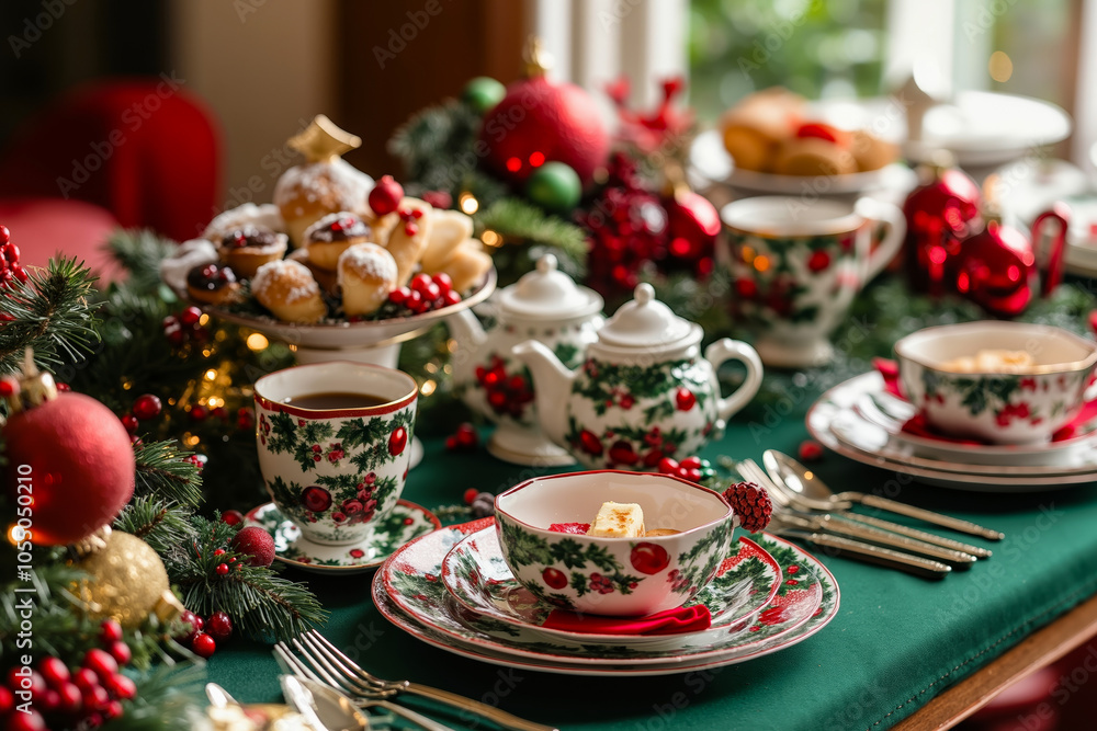 A festive table setting with Christmas decorations, including a green tablecloth, red and gold ornaments, and a variety of tea cups and saucers A festive table setting with Christmas decorations, including a green tablecloth, red and gold ornaments, and a variety of tea cups and saucers