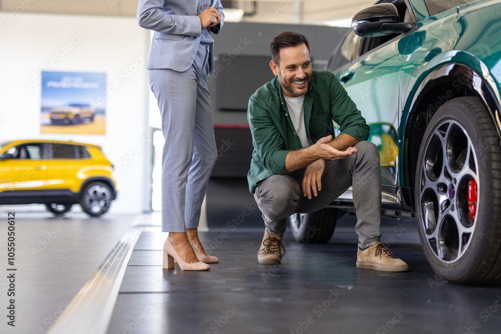 Man checking out wheels and tires of a new car at the dealership. Professional saleswoman car dealer helping her customer buying choosing automobile luxury driving Man checking out wheels and tires of a new car at the dealership. Professional saleswoman car dealer helping her customer buying choosing automobile luxury driving