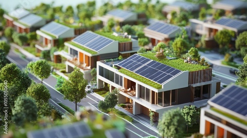 Future City Planning: 3D Model with Solar Panels and Green Rooftops