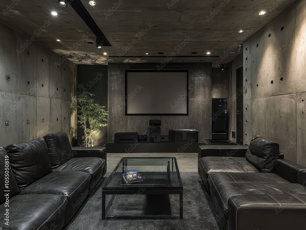 Fototapeta premium Smooth concrete walls and dark wood flooring, this home theater basement features an elegant and contemporary combination