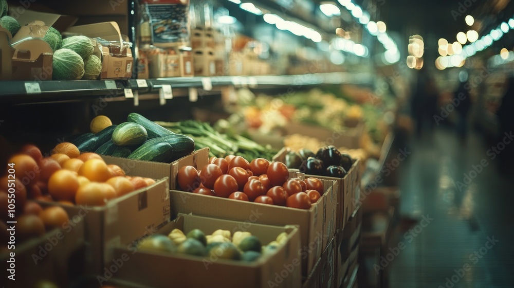 With lights at the top and a hazy background, the picture depicts a grocery store stocked with a variety of fruits and vegetables in cardboard boxes.
With lights at the top and a hazy background, the picture depicts a grocery store stocked with a variety of fruits and vegetables in cardboard boxes.
