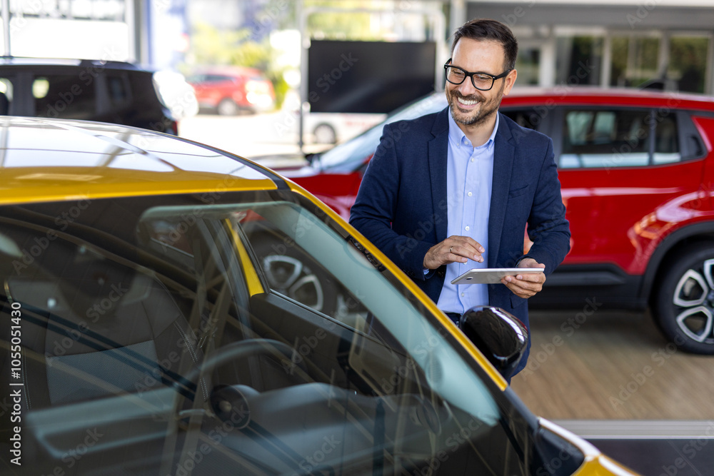Successful deal in a car showroom. Handsome male car salesman working in the showroom. Salesperson at car dealership selling vehicles. Successful deal in a car showroom. Handsome male car salesman working in the showroom. Salesperson at car dealership selling vehicles.